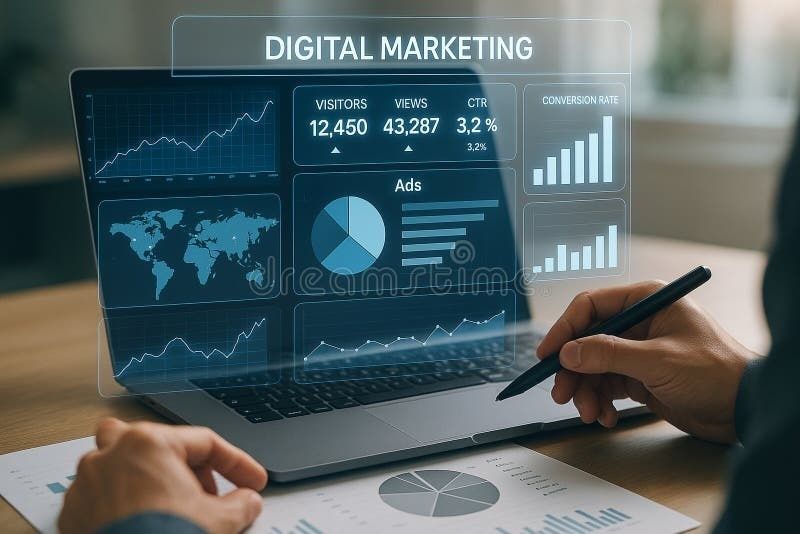 Laptop med dashboard för digital marknadsföring och olika resultatmått