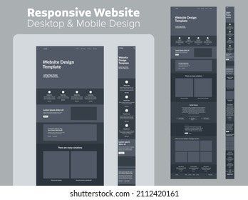 Grå wireframe för en responsiv landningssida på dator och mobil