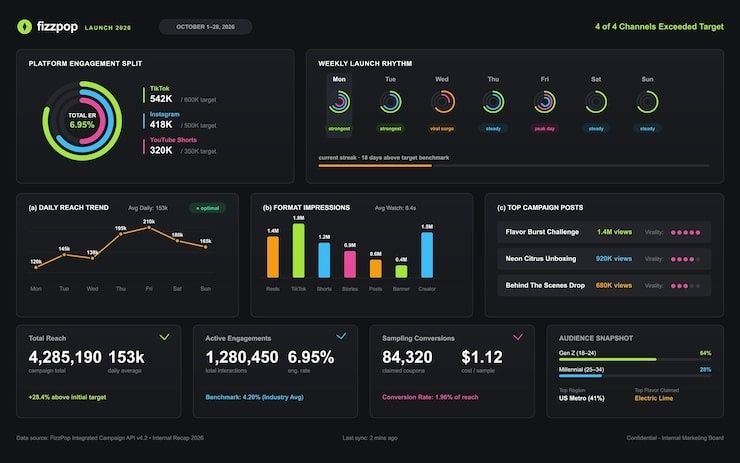 Mörk dashboard med kampanjräckvidd, engagemang och konverteringsmått
