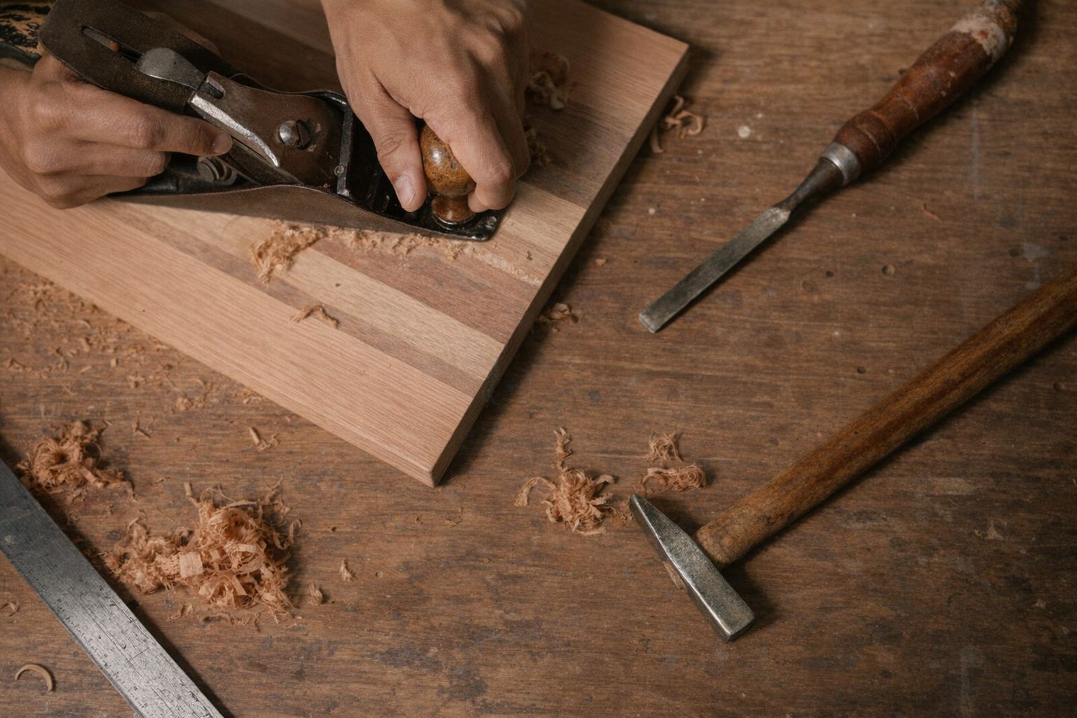 Händer som använder en hyvel på en träskiva på en arbetsbänk.