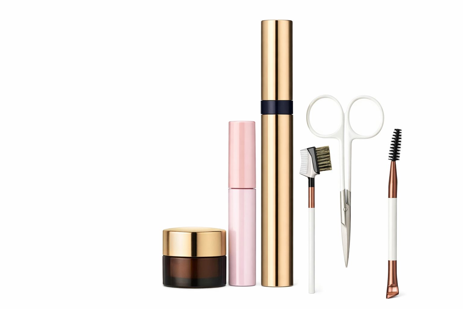 Uppsättning med fransförlängning produkter som mascara, borstar och sax.