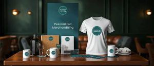 Exempel på profilprodukter som t-shirts, muggar och förpackningar med logotyp.